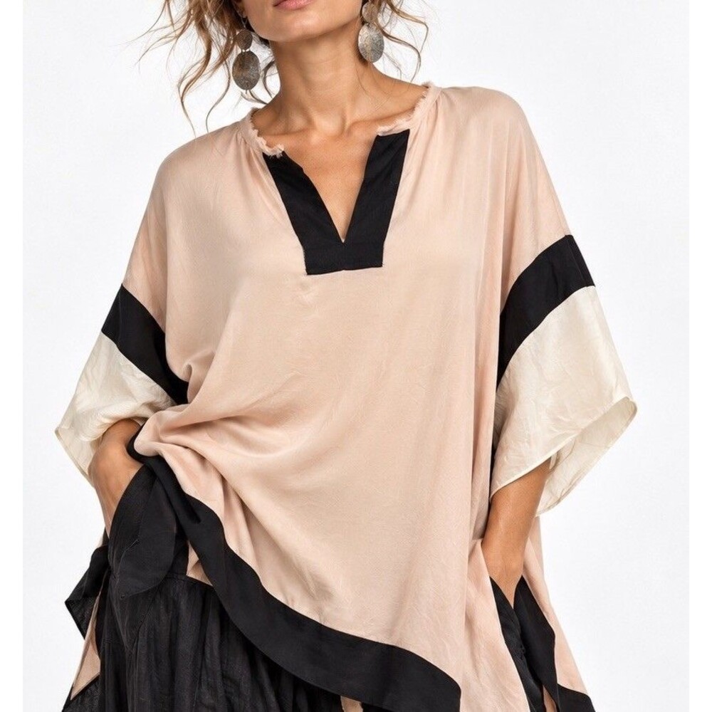 Rebecca Taylor Silk Square Cut Blouse Color Block Sz 6 Raw Hem Pink Black White